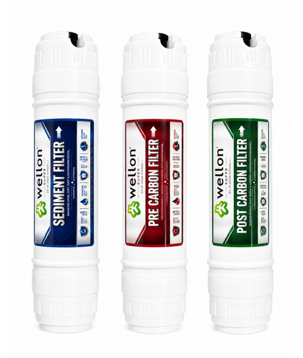 Wellon Super Inline Filter Set | Sediment + Pre Carbon + Post Carbon | 10 Inch RO Water Purifier Filters